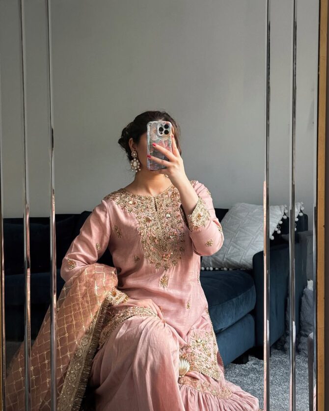 Pehnava Style Chinon Silk Embroidery Work Sharara - Image 9