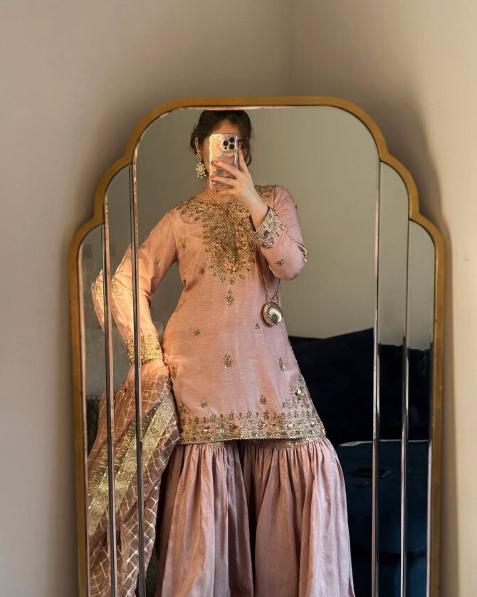 Pehnava Style Chinon Silk Embroidery Work Sharara - Image 8